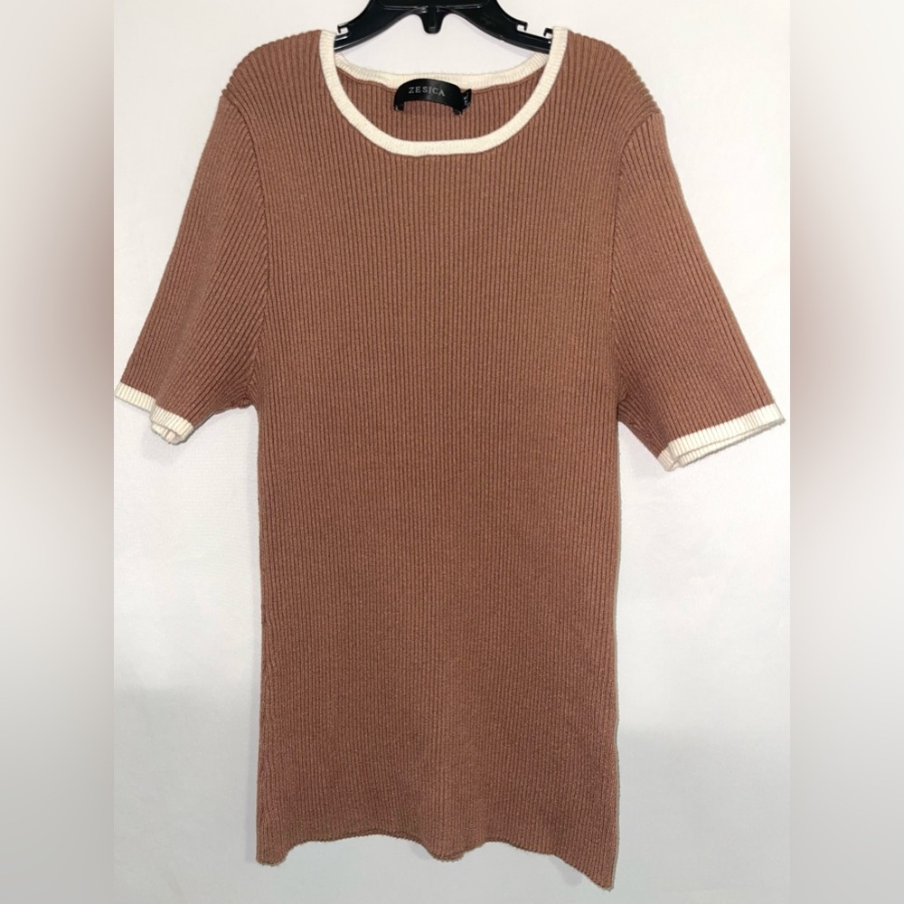 Zesica Sweater Short Sleeve Brown Cream Ribbed Stretch Women’s Size XL